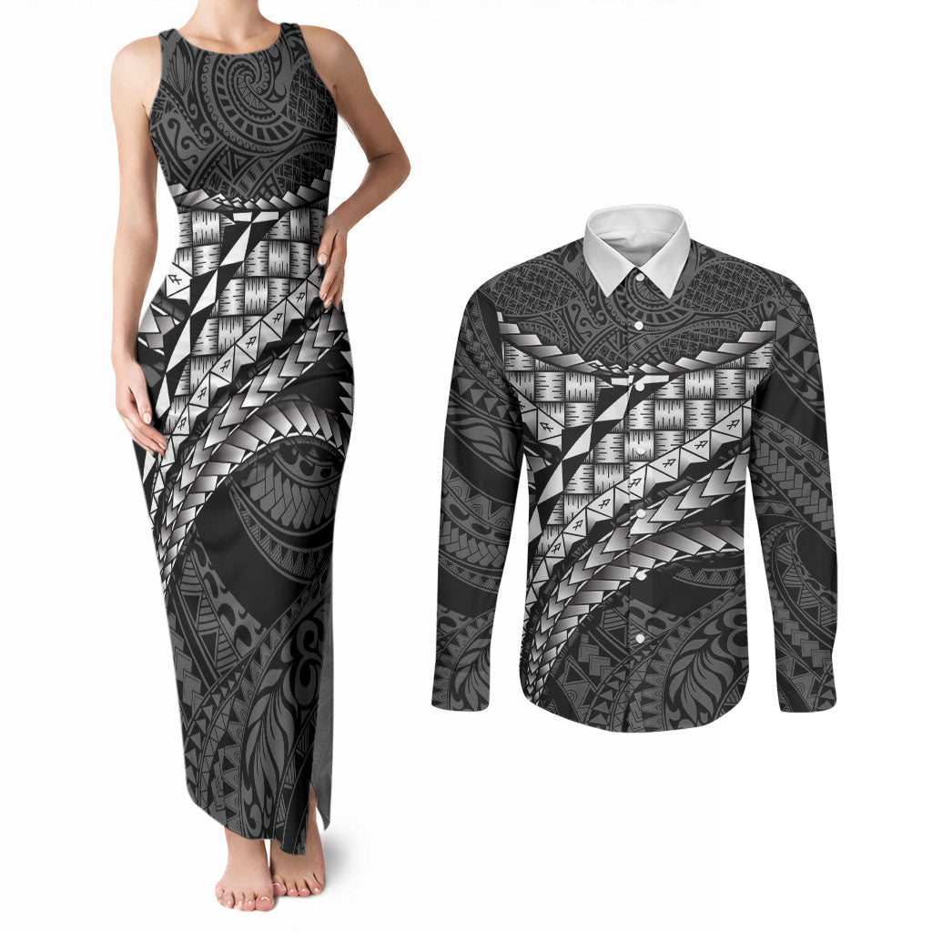 Hawaii Lauhala Tattoo Couples Matching Tank Maxi Dress and Long Sleeve Button Shirt Hawaiian Hala Leaf Weaving LT14 Black - Polynesian Pride