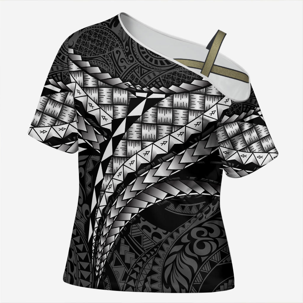 Hawaii Lauhala Tattoo Cross Shoulder Shirt Hawaiian Hala Leaf Weaving LT14 Female Black - Polynesian Pride