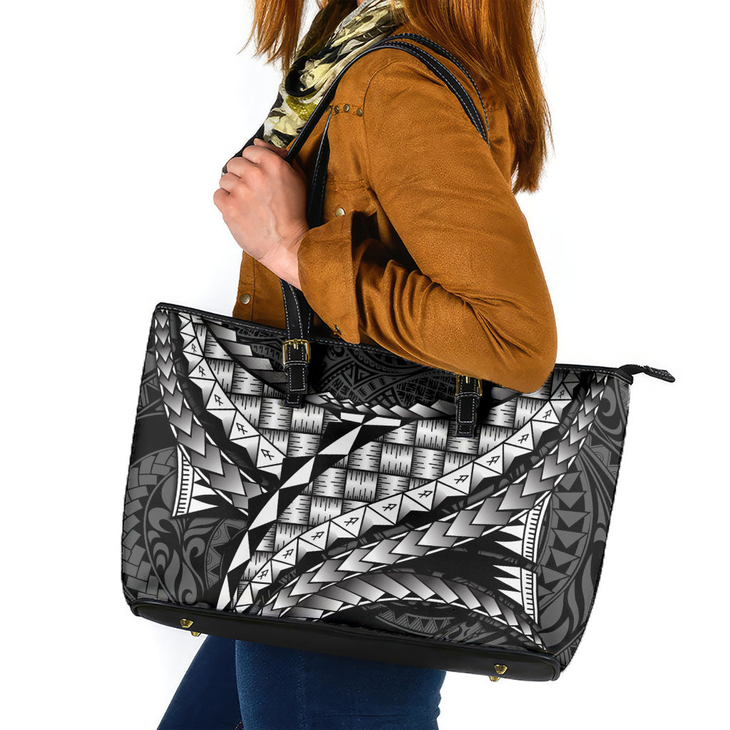Hawaii Lauhala Tattoo Leather Tote Bag Hawaiian Hala Leaf Weaving LT14 Black - Polynesian Pride
