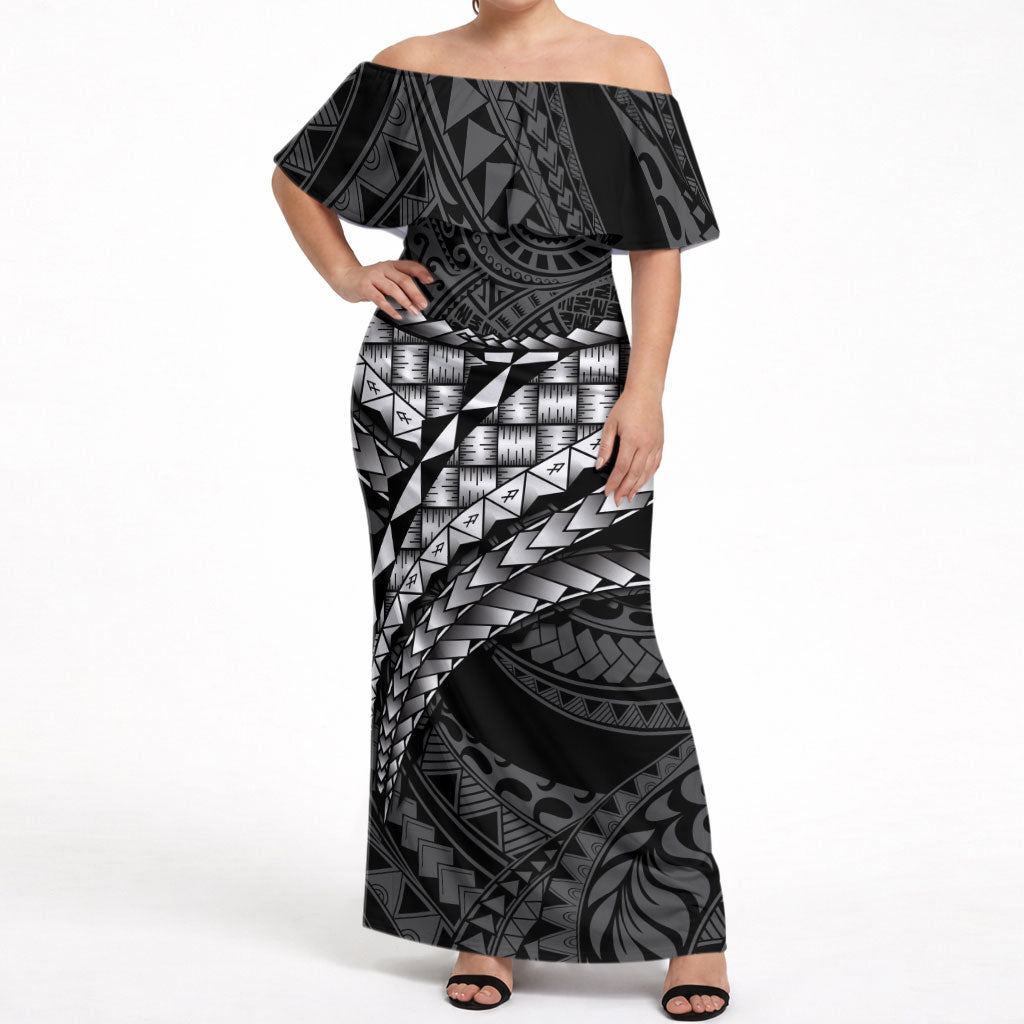Hawaii Lauhala Tattoo Off Shoulder Maxi Dress Hawaiian Hala Leaf Weaving LT14 Women Black - Polynesian Pride