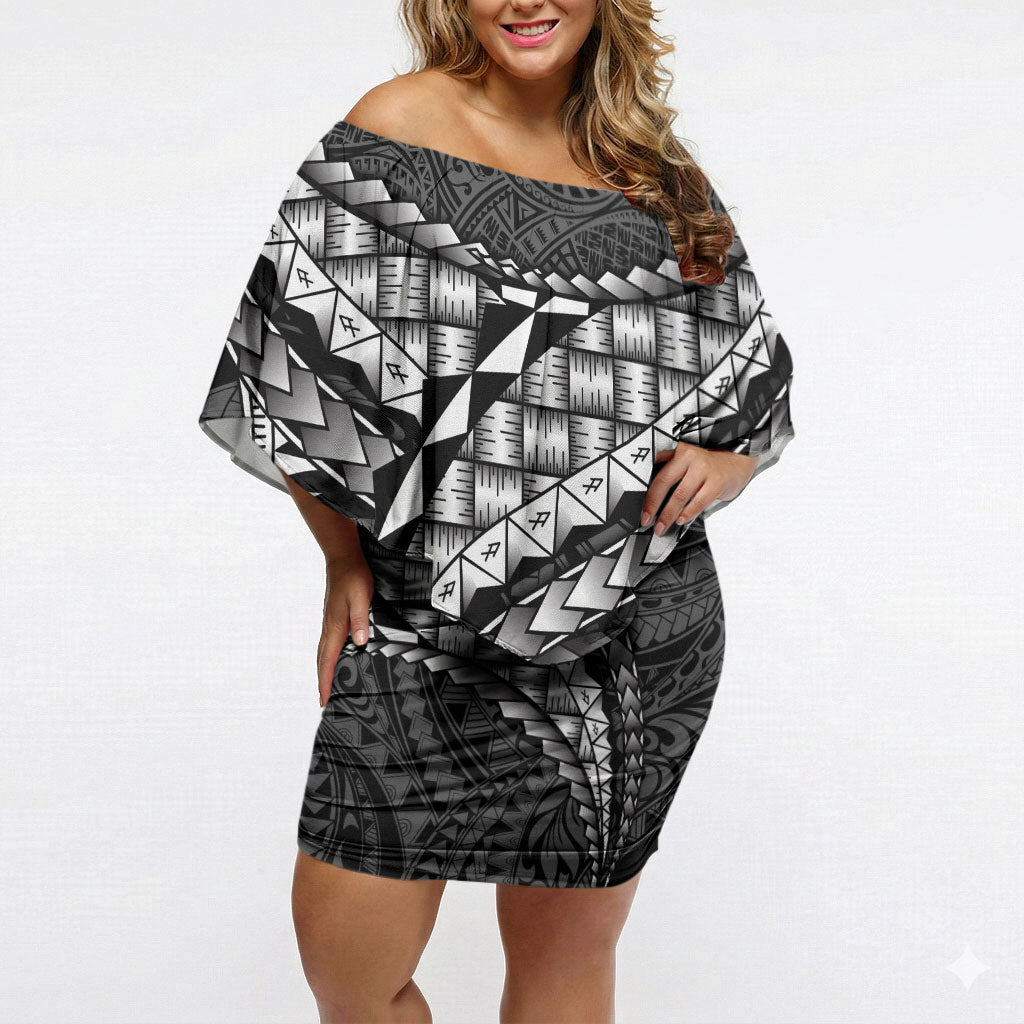 Hawaii Lauhala Tattoo Off Shoulder Short Dress Hawaiian Hala Leaf Weaving LT14 Women Black - Polynesian Pride
