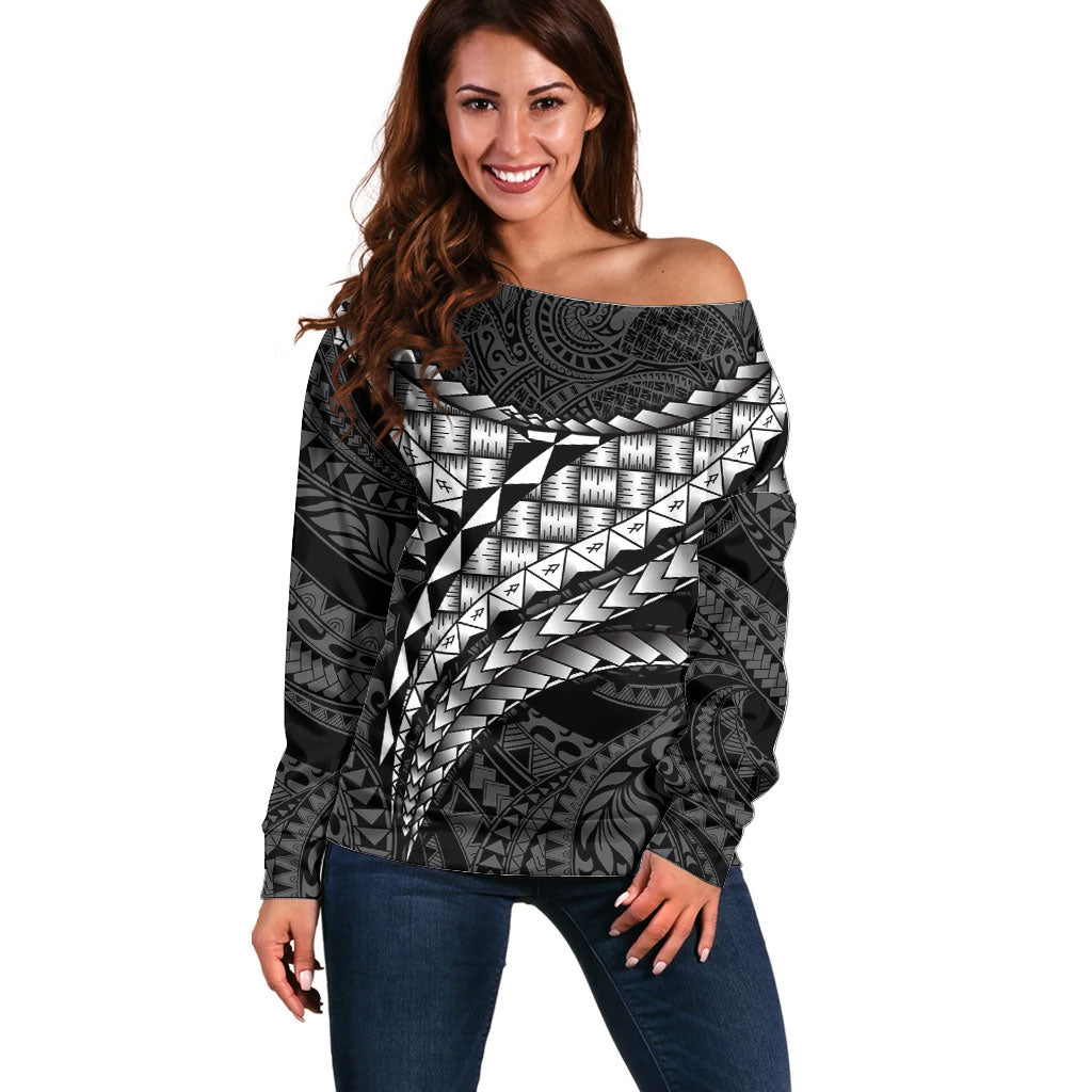 Hawaii Lauhala Tattoo Off Shoulder Sweater Hawaiian Hala Leaf Weaving LT14 Women Black - Polynesian Pride