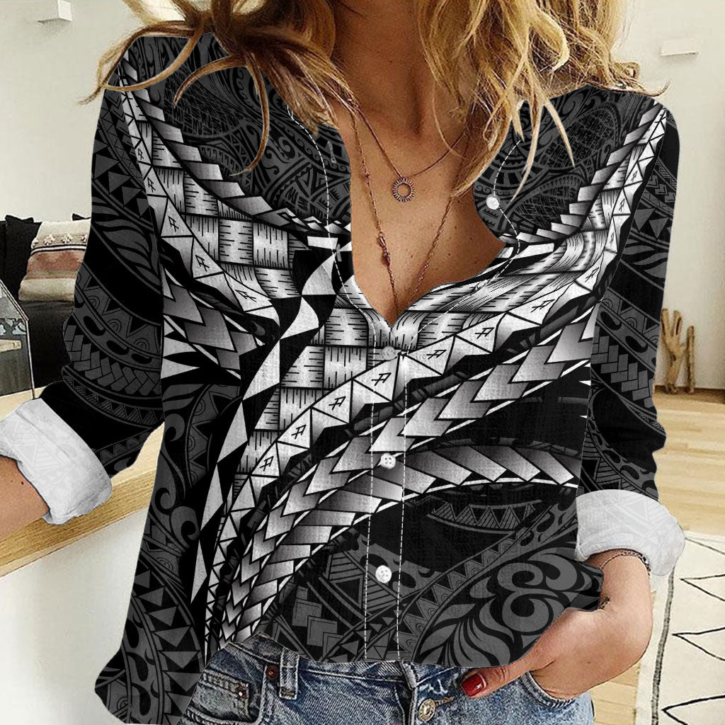 Hawaii Lauhala Tattoo Women Casual Shirt Hawaiian Hala Leaf Weaving LT14 Female Black - Polynesian Pride