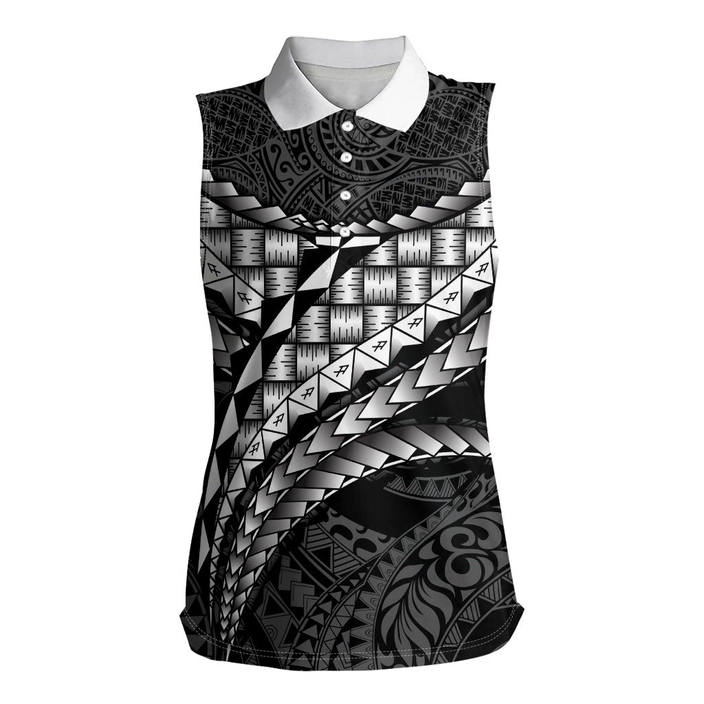 Hawaii Lauhala Tattoo Women Sleeveless Polo Shirt Hawaiian Hala Leaf Weaving LT14 Female Black - Polynesian Pride