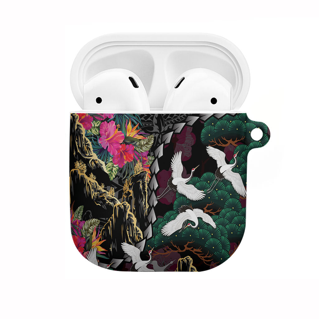 Hawaiian and Japanese Culture AirPods Case Crane Sakura Hibiscus Tropical Vibes LT14 Black - Polynesian Pride