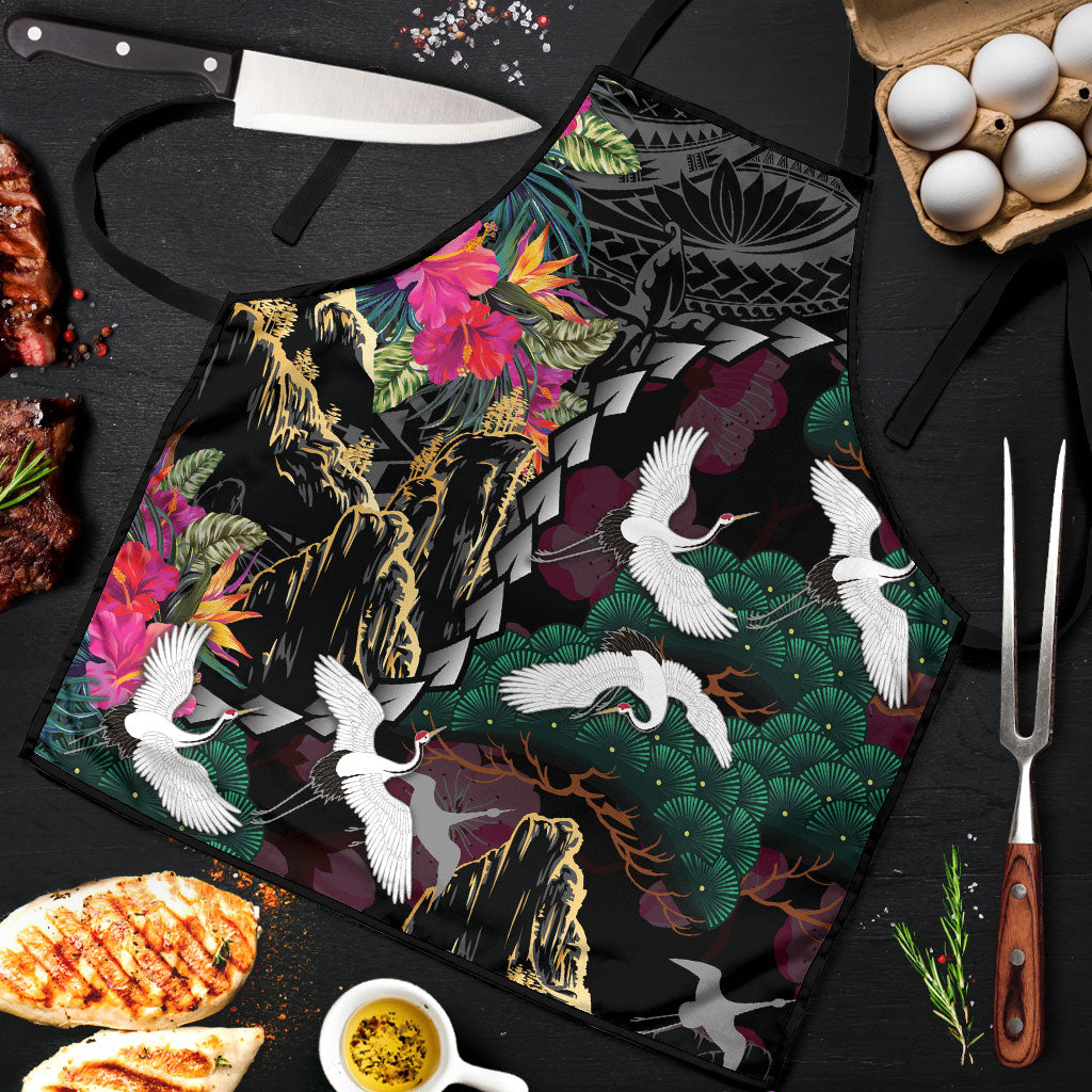 Hawaiian and Japanese Culture Apron Crane Sakura Hibiscus Tropical Vibes