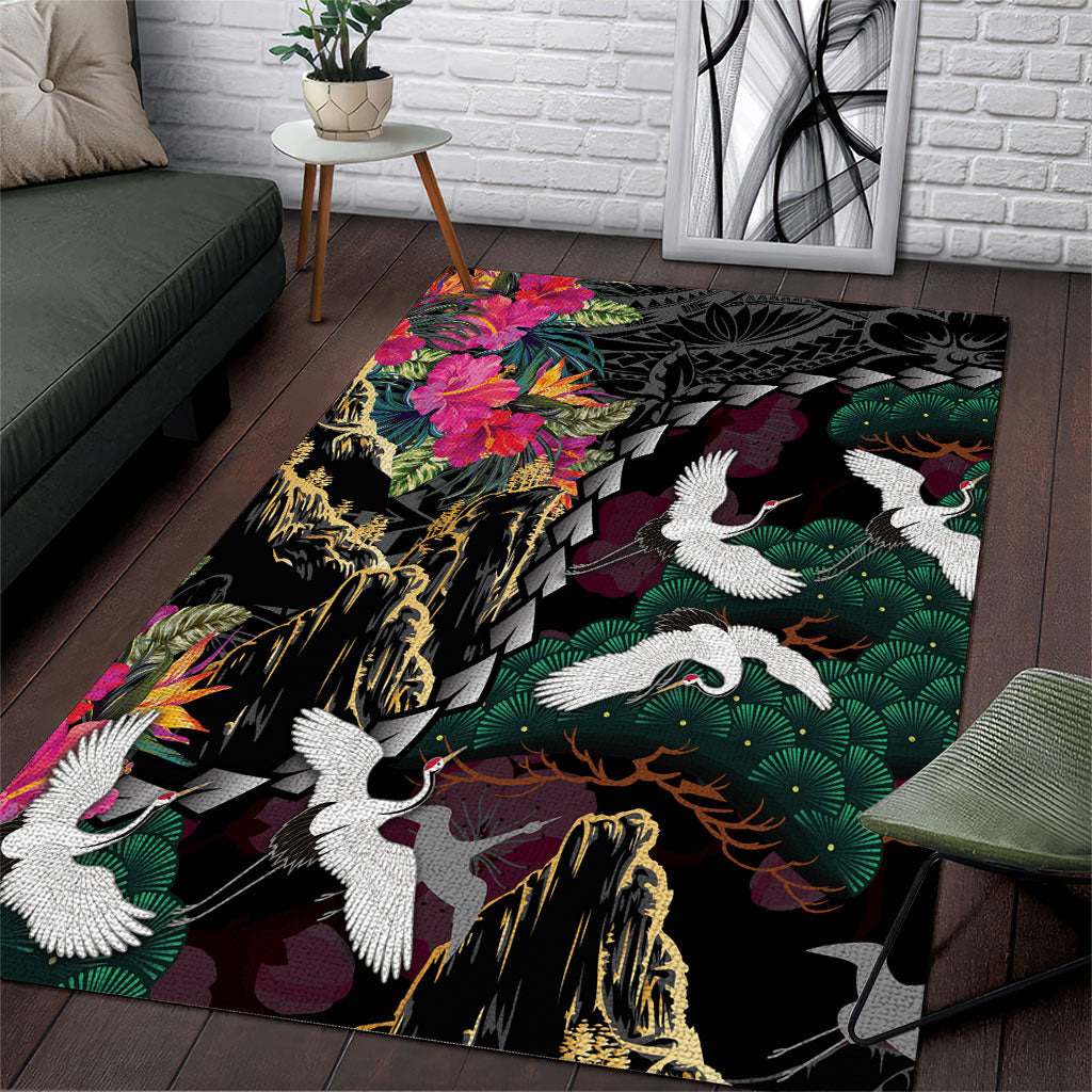 Hawaiian and Japanese Culture Area Rug Crane Sakura Hibiscus Tropical Vibes LT14 Black - Polynesian Pride