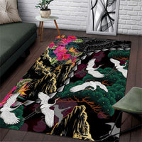 Hawaiian and Japanese Culture Area Rug Crane Sakura Hibiscus Tropical Vibes
