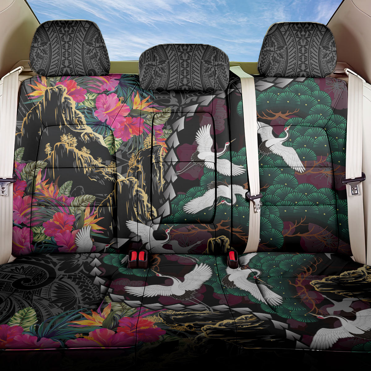 Hawaiian and Japanese Culture Back Car Seat Cover Crane Sakura Hibiscus Tropical Vibes LT14 One Size Black - Polynesian Pride