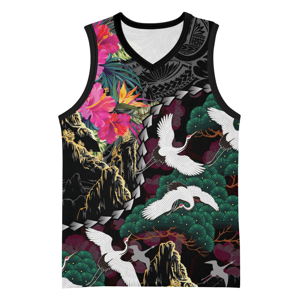 Hawaiian and Japanese Culture Basketball Jersey Crane Sakura Hibiscus Tropical Vibes LT14 Unisex Black - Polynesian Pride