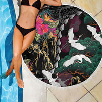 Hawaiian and Japanese Culture Beach Blanket Crane Sakura Hibiscus Tropical Vibes