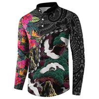 Hawaiian and Japanese Culture Button Sweatshirt Crane Sakura Hibiscus Tropical Vibes