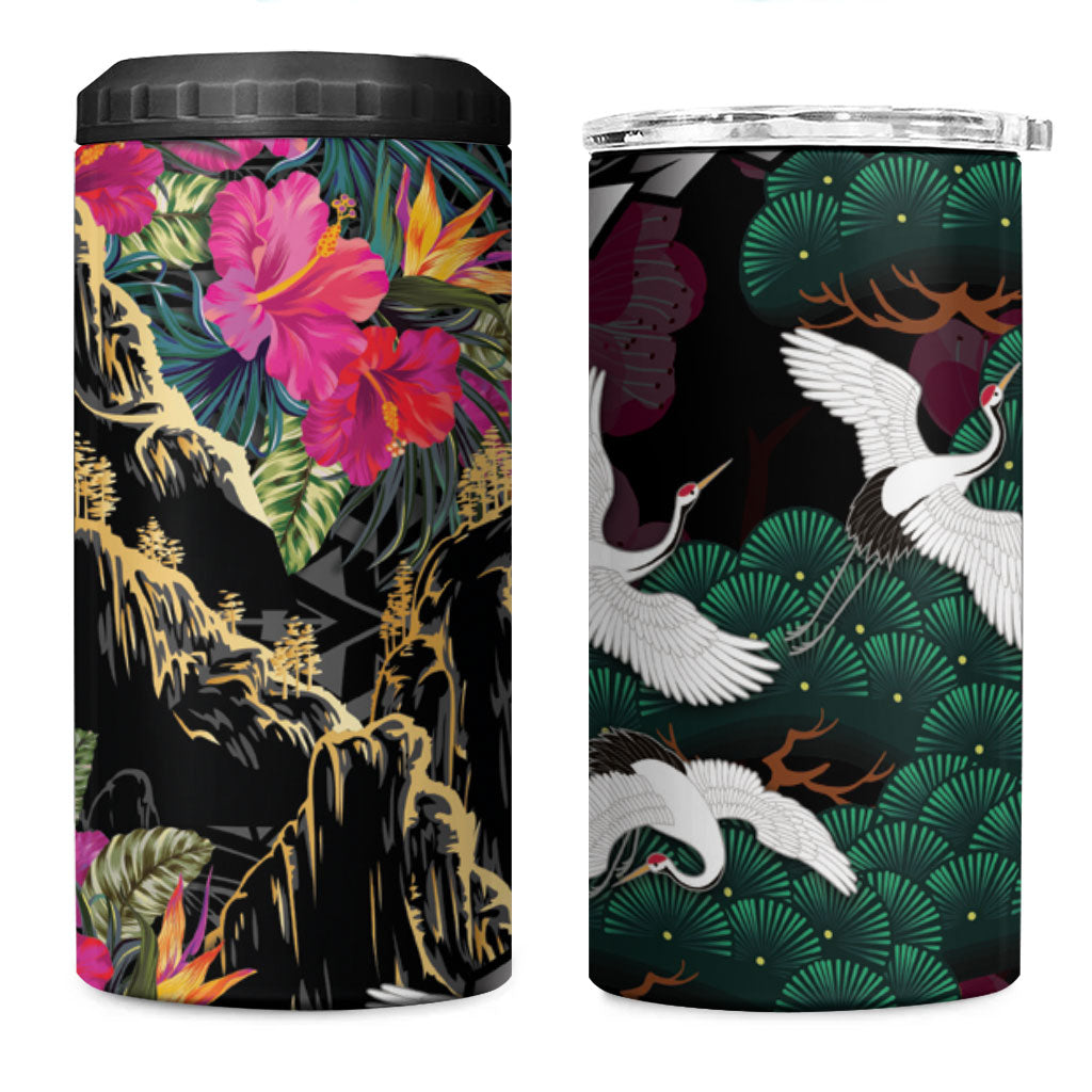 Hawaiian and Japanese Culture 4 in 1 Can Cooler Tumbler Crane Sakura Hibiscus Tropical Vibes LT14 One Size: 16 oz Black - Polynesian Pride