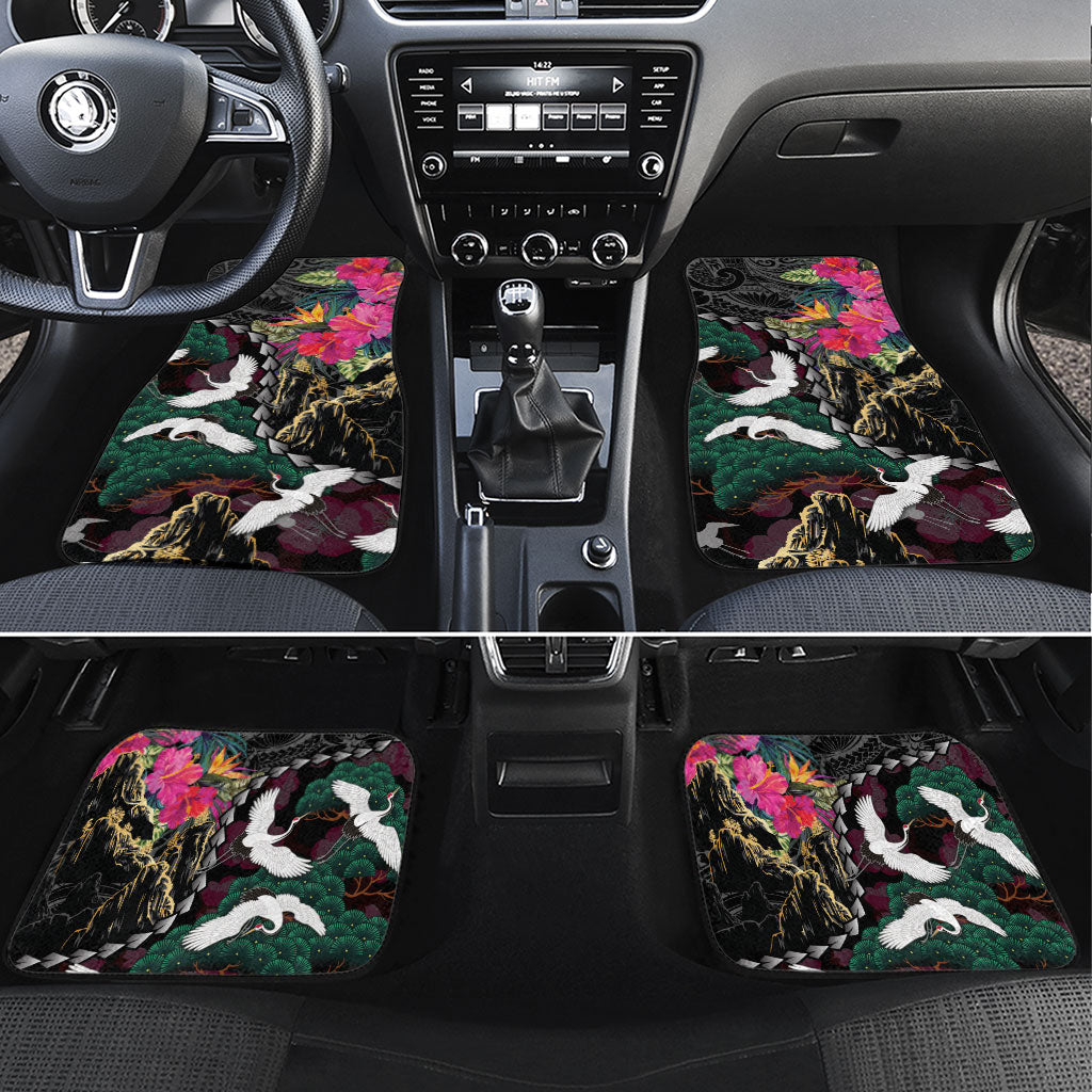 Hawaiian and Japanese Culture Car Mats Crane Sakura Hibiscus Tropical Vibes LT14 Set 4pcs Black - Polynesian Pride