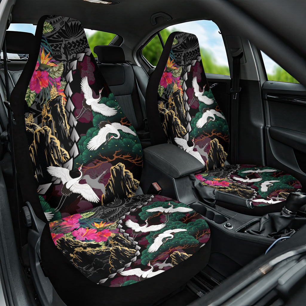 Hawaiian and Japanese Culture Car Seat Cover Crane Sakura Hibiscus Tropical Vibes LT14 One Size Black - Polynesian Pride
