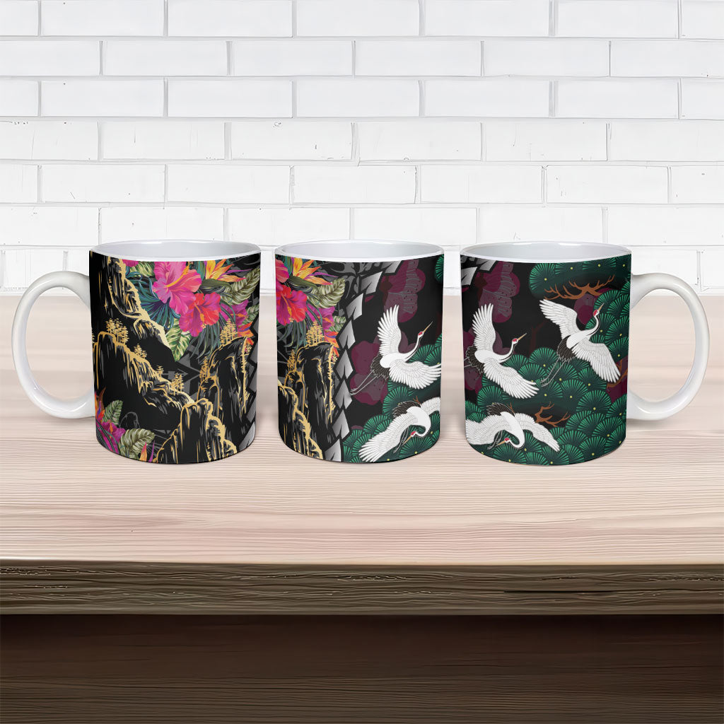 Hawaiian and Japanese Culture Ceramic Mug Crane Sakura Hibiscus Tropical Vibes