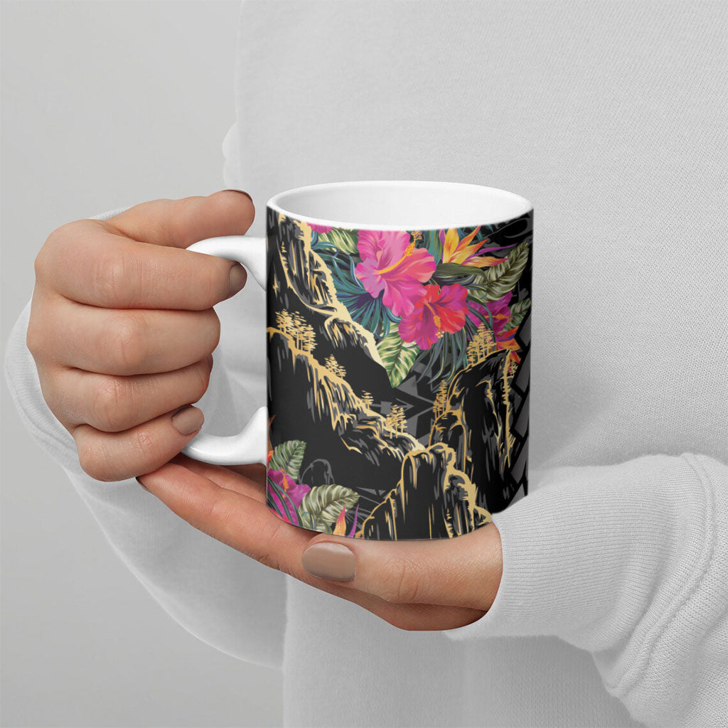 Hawaiian and Japanese Culture Ceramic Mug Crane Sakura Hibiscus Tropical Vibes