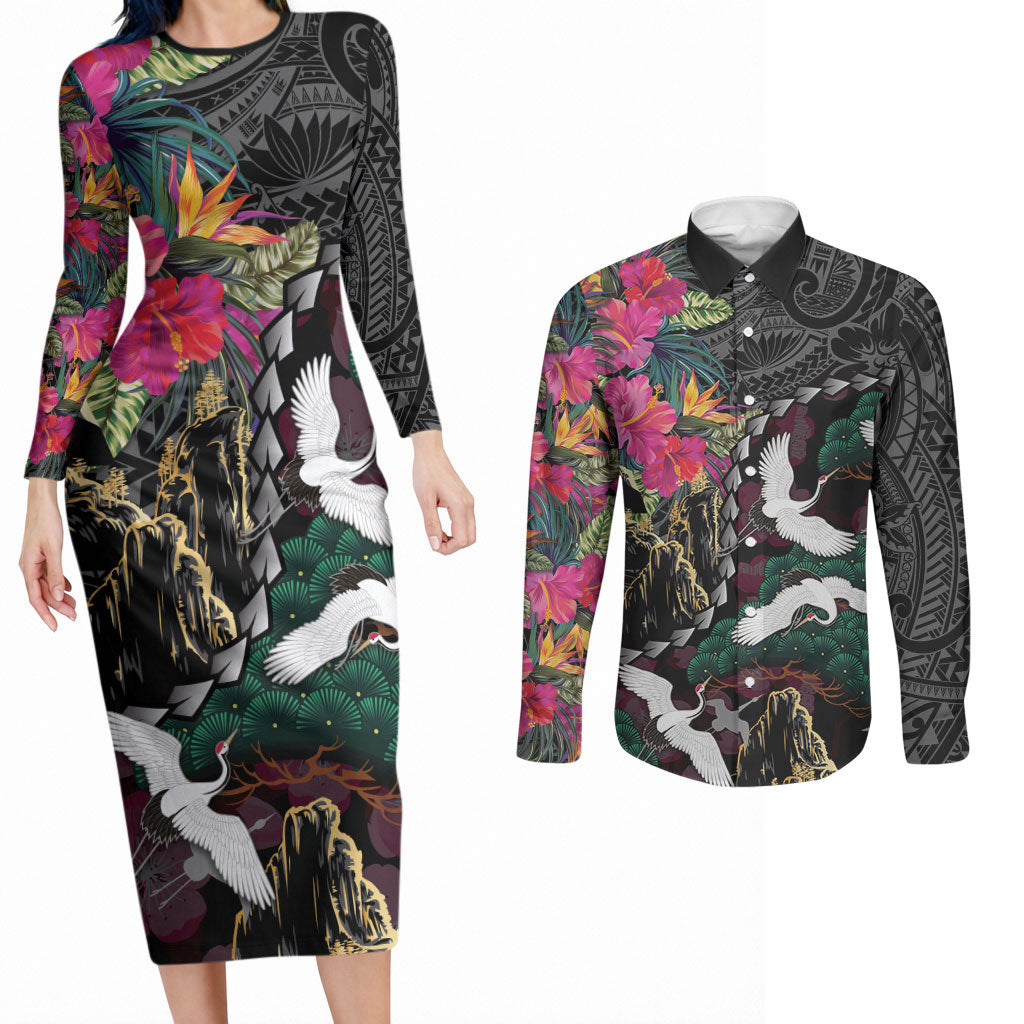 Hawaiian and Japanese Culture Couples Matching Long Sleeve Bodycon Dress and Long Sleeve Button Shirt Crane Sakura Hibiscus Tropical Vibes LT14 Black - Polynesian Pride