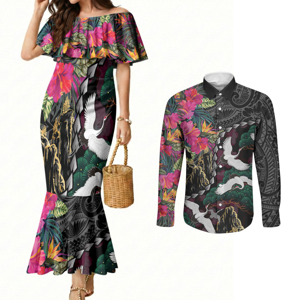 Hawaiian and Japanese Culture Couples Matching Mermaid Dress and Long Sleeve Button Shirt Crane Sakura Hibiscus Tropical Vibes LT14 Black - Polynesian Pride