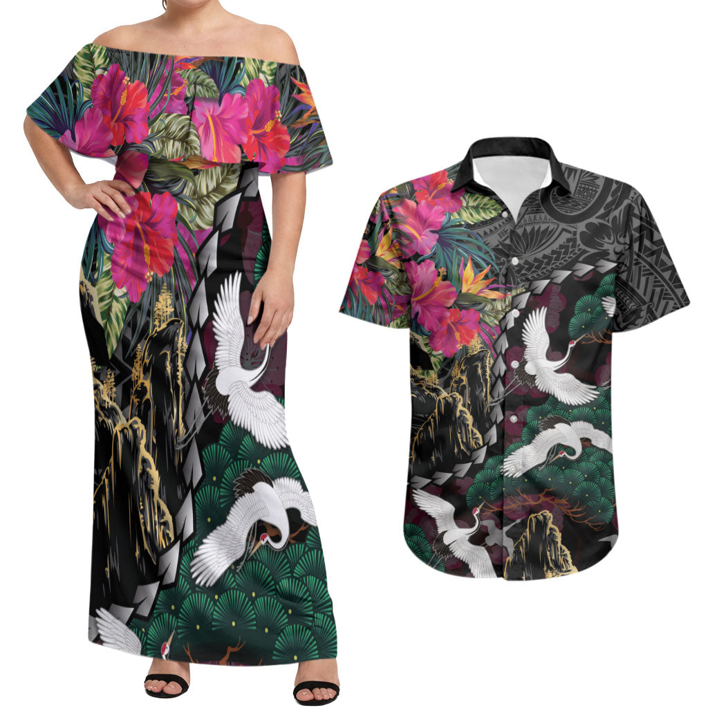 Hawaiian and Japanese Culture Couples Matching Off Shoulder Maxi Dress and Hawaiian Shirt Crane Sakura Hibiscus Tropical Vibes LT14 Black - Polynesian Pride