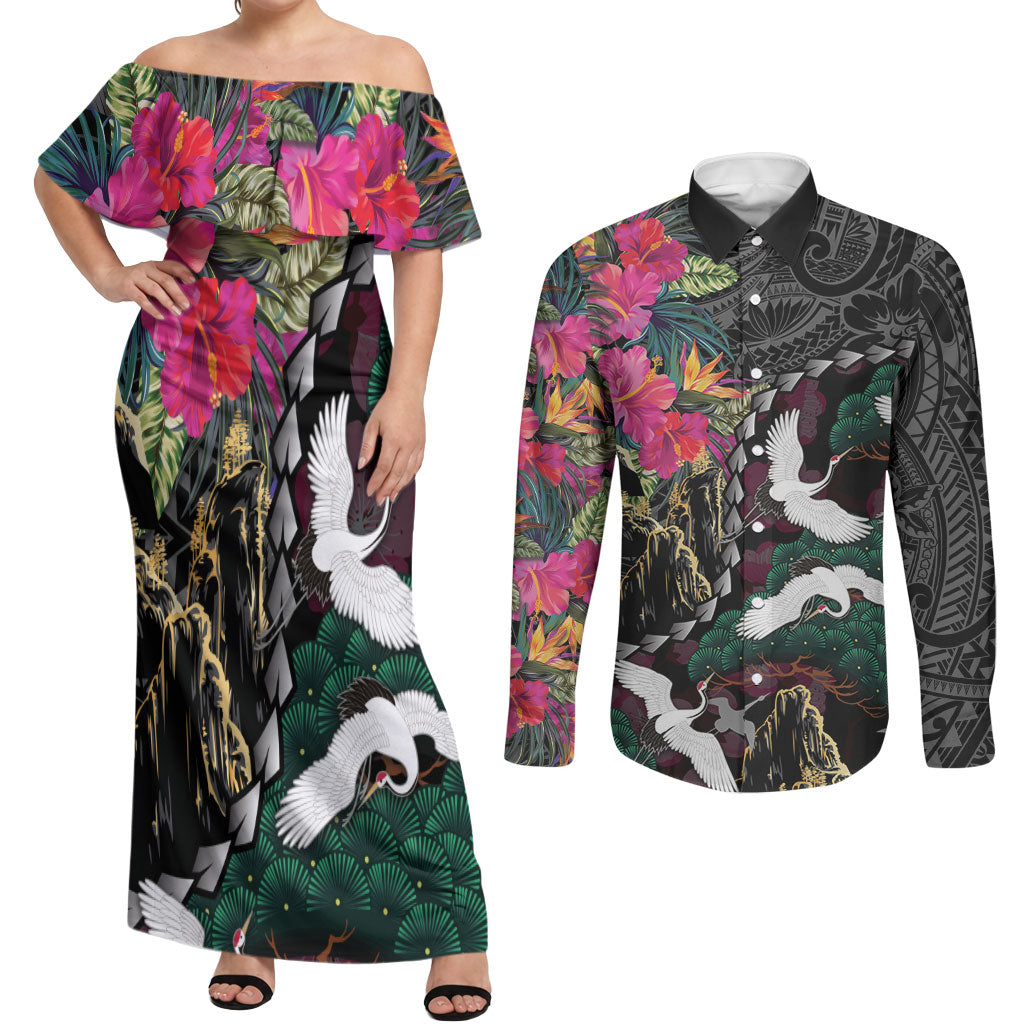 Hawaiian and Japanese Culture Couples Matching Off Shoulder Maxi Dress and Long Sleeve Button Shirt Crane Sakura Hibiscus Tropical Vibes LT14 Black - Polynesian Pride