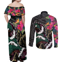 Hawaiian and Japanese Culture Couples Matching Off Shoulder Maxi Dress and Long Sleeve Button Shirt Crane Sakura Hibiscus Tropical Vibes