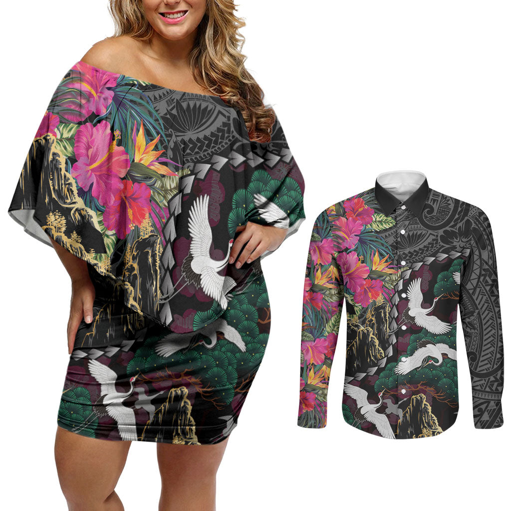 Hawaiian and Japanese Culture Couples Matching Off Shoulder Short Dress and Long Sleeve Button Shirt Crane Sakura Hibiscus Tropical Vibes LT14 Black - Polynesian Pride