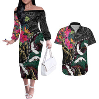 Hawaiian and Japanese Culture Couples Matching Off The Shoulder Long Sleeve Dress and Hawaiian Shirt Crane Sakura Hibiscus Tropical Vibes LT14 Black - Polynesian Pride