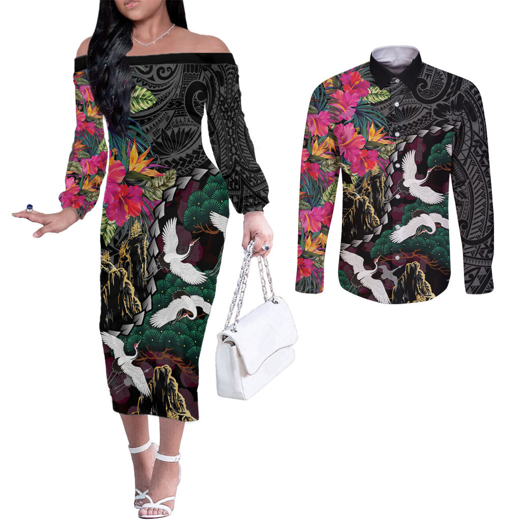 Hawaiian and Japanese Culture Couples Matching Off The Shoulder Long Sleeve Dress and Long Sleeve Button Shirt Crane Sakura Hibiscus Tropical Vibes