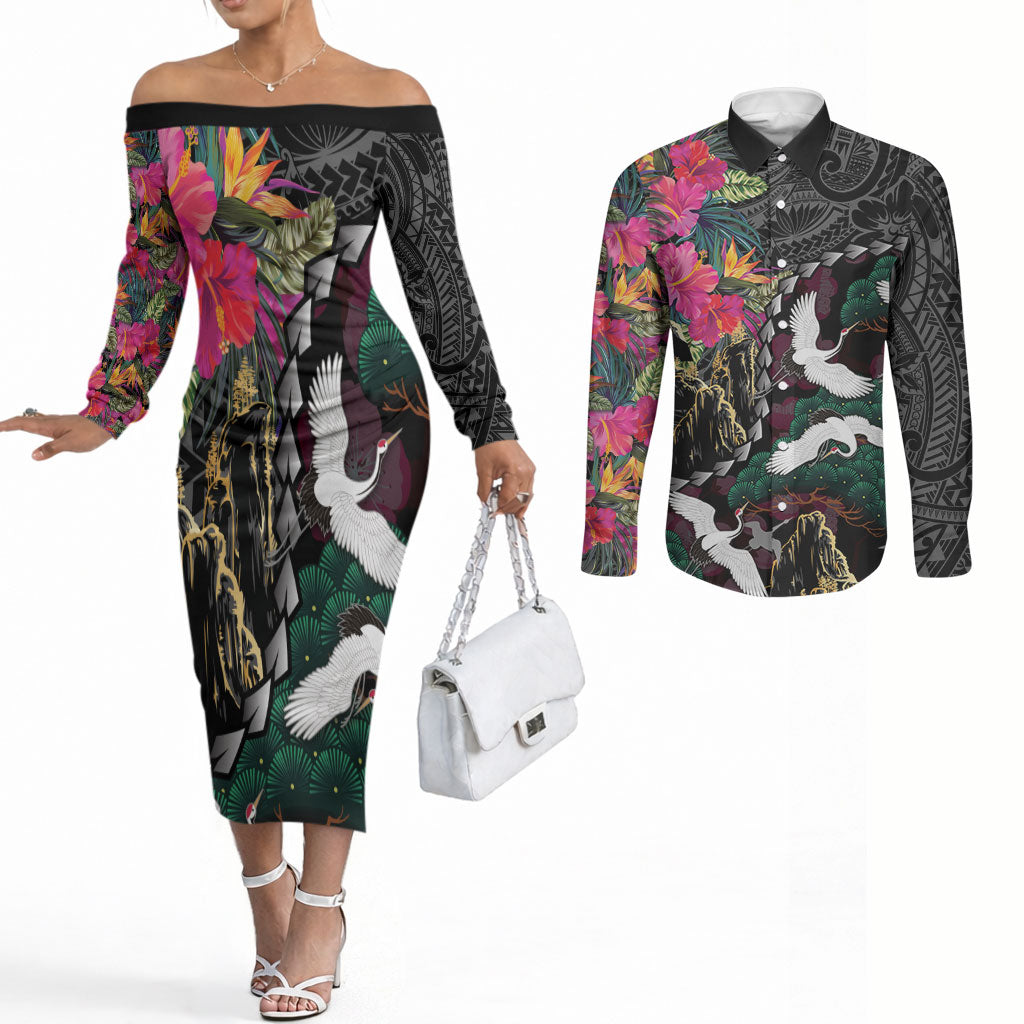 Hawaiian and Japanese Culture Couples Matching Off The Shoulder Long Sleeve Dress and Long Sleeve Button Shirt Crane Sakura Hibiscus Tropical Vibes LT14 Black - Polynesian Pride