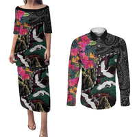 Hawaiian and Japanese Culture Couples Matching Puletasi and Long Sleeve Button Shirt Crane Sakura Hibiscus Tropical Vibes LT14 Black - Polynesian Pride