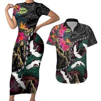Hawaiian and Japanese Culture Couples Matching Short Sleeve Bodycon Dress and Hawaiian Shirt Crane Sakura Hibiscus Tropical Vibes LT14 Black - Polynesian Pride