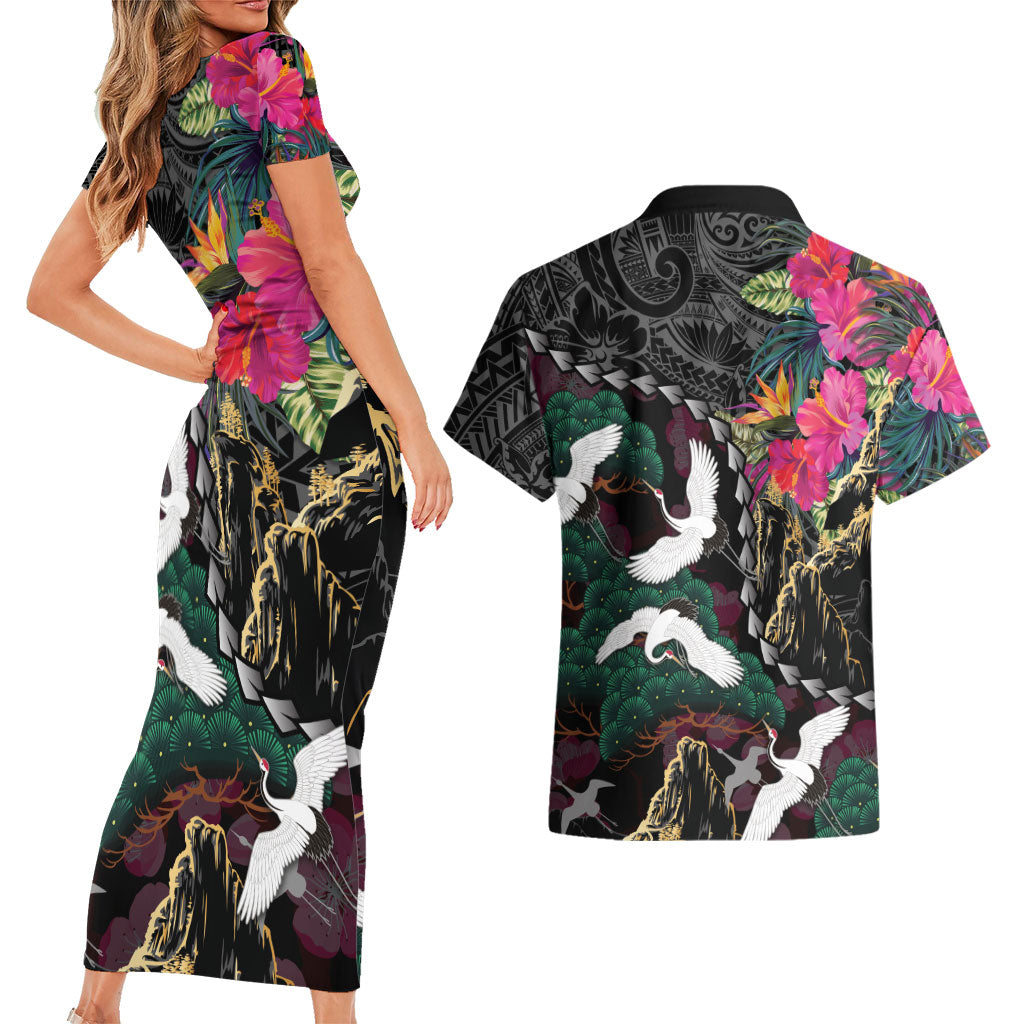 Hawaiian and Japanese Culture Couples Matching Short Sleeve Bodycon Dress and Hawaiian Shirt Crane Sakura Hibiscus Tropical Vibes LT14 - Polynesian Pride