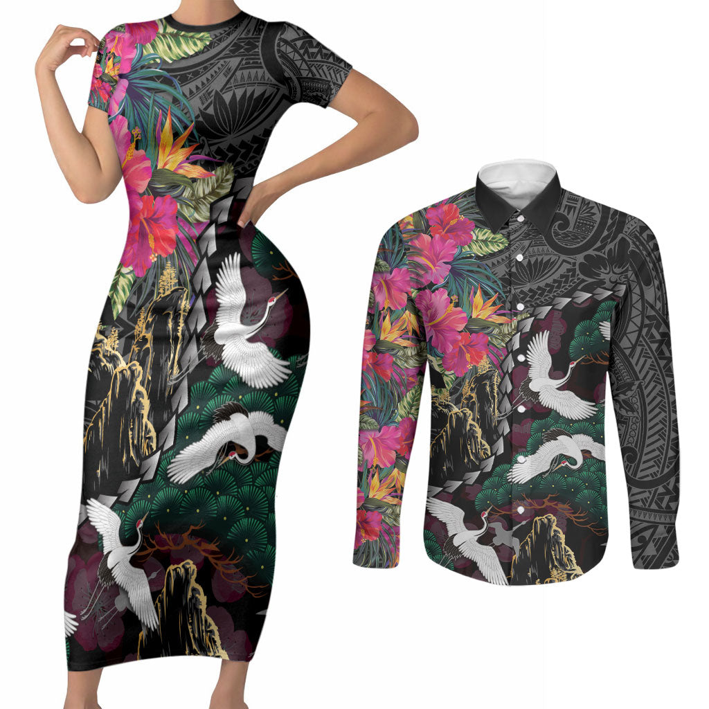 Hawaiian and Japanese Culture Couples Matching Short Sleeve Bodycon Dress and Long Sleeve Button Shirt Crane Sakura Hibiscus Tropical Vibes LT14 Black - Polynesian Pride