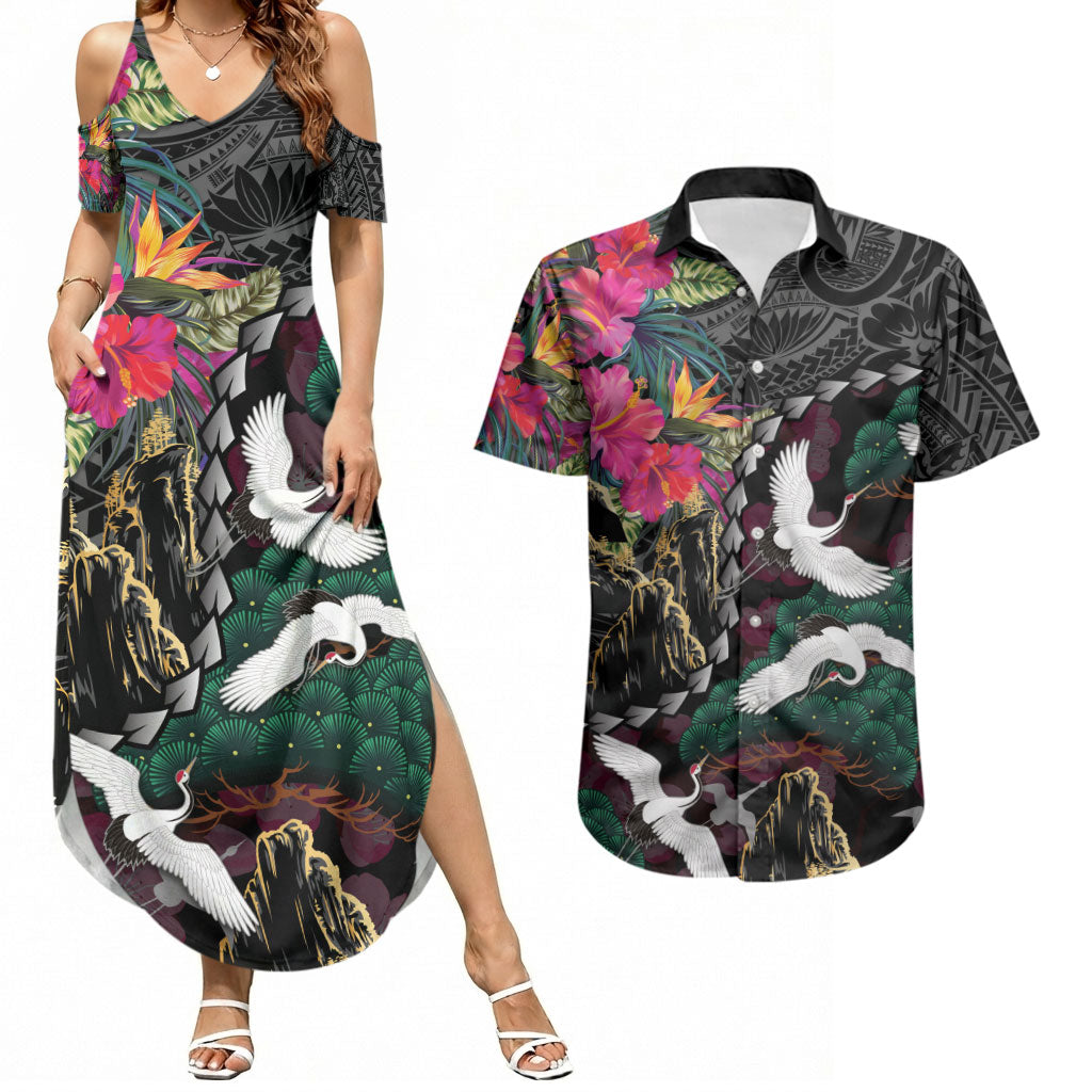 Hawaiian and Japanese Culture Couples Matching Summer Maxi Dress and Hawaiian Shirt Crane Sakura Hibiscus Tropical Vibes LT14 Black - Polynesian Pride