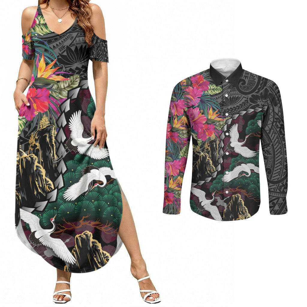 Hawaiian and Japanese Culture Couples Matching Summer Maxi Dress and Long Sleeve Button Shirt Crane Sakura Hibiscus Tropical Vibes LT14 Black - Polynesian Pride