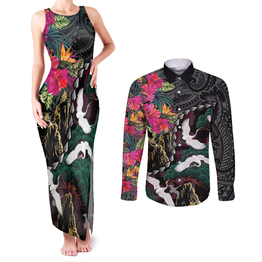 Hawaiian and Japanese Culture Couples Matching Tank Maxi Dress and Long Sleeve Button Shirt Crane Sakura Hibiscus Tropical Vibes