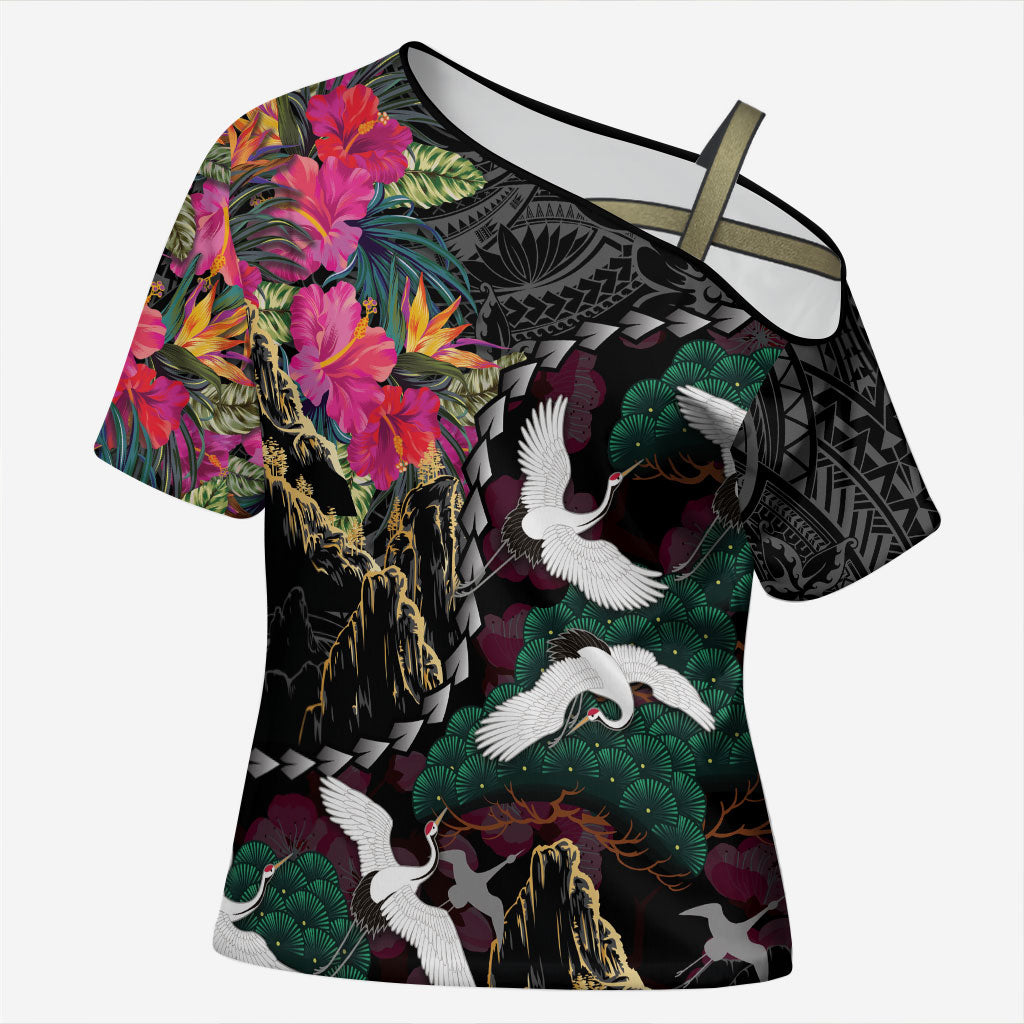 Hawaiian and Japanese Culture Cross Shoulder Shirt Crane Sakura Hibiscus Tropical Vibes LT14 Female Black - Polynesian Pride
