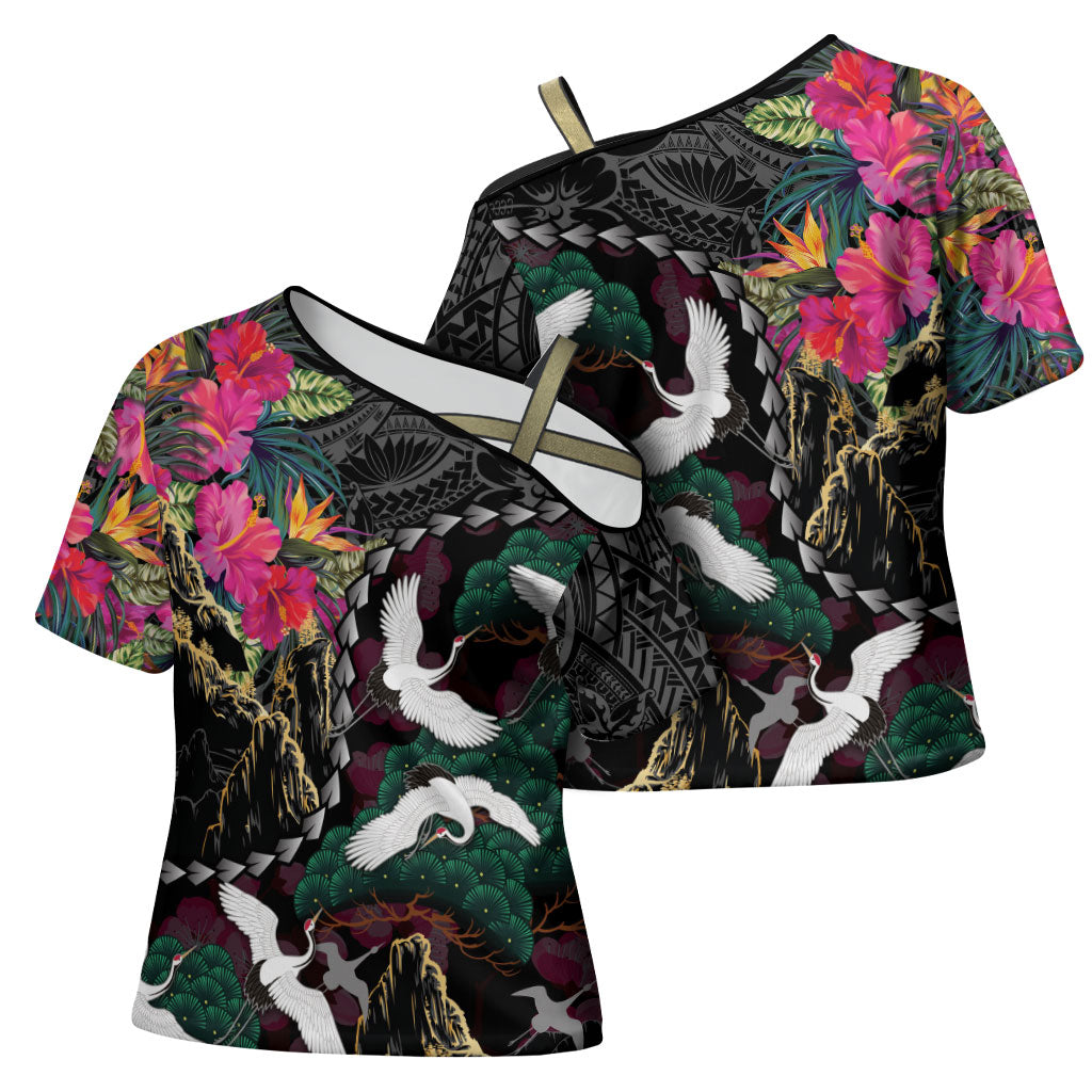 Hawaiian and Japanese Culture Cross Shoulder Shirt Crane Sakura Hibiscus Tropical Vibes