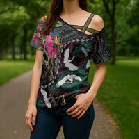 Hawaiian and Japanese Culture Cross Shoulder Shirt Crane Sakura Hibiscus Tropical Vibes