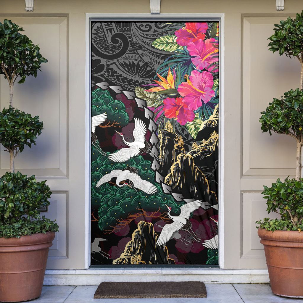 Hawaiian and Japanese Culture Door Cover Crane Sakura Hibiscus Tropical Vibes LT14 Black - Polynesian Pride