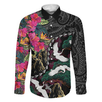 Hawaiian and Japanese Culture Family Matching Long Sleeve Bodycon Dress and Hawaiian Shirt Crane Sakura Hibiscus Tropical Vibes LT14 Dad's Shirt - Long Sleeve Black - Polynesian Pride