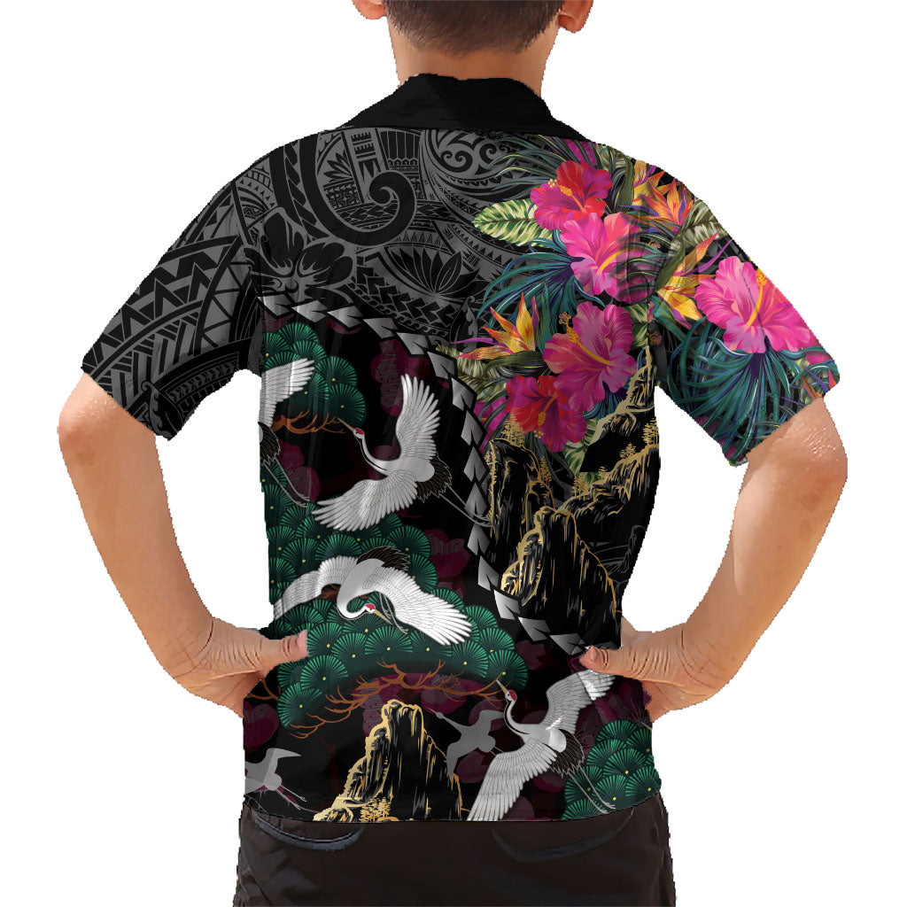 Hawaiian and Japanese Culture Family Matching Off The Shoulder Long Sleeve Dress and Hawaiian Shirt Crane Sakura Hibiscus Tropical Vibes LT14 - Polynesian Pride