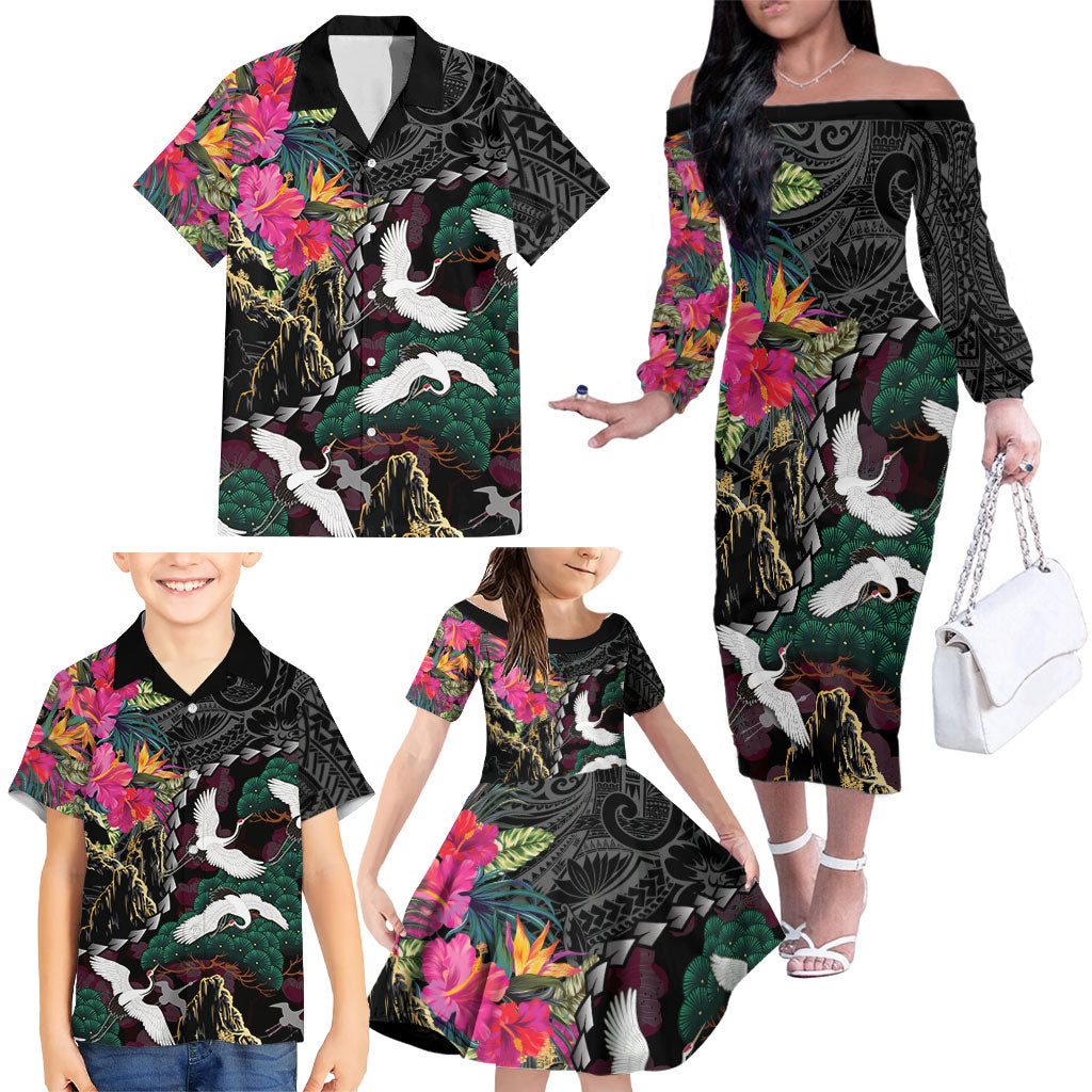 Hawaiian and Japanese Culture Family Matching Off The Shoulder Long Sleeve Dress and Hawaiian Shirt Crane Sakura Hibiscus Tropical Vibes LT14 - Polynesian Pride
