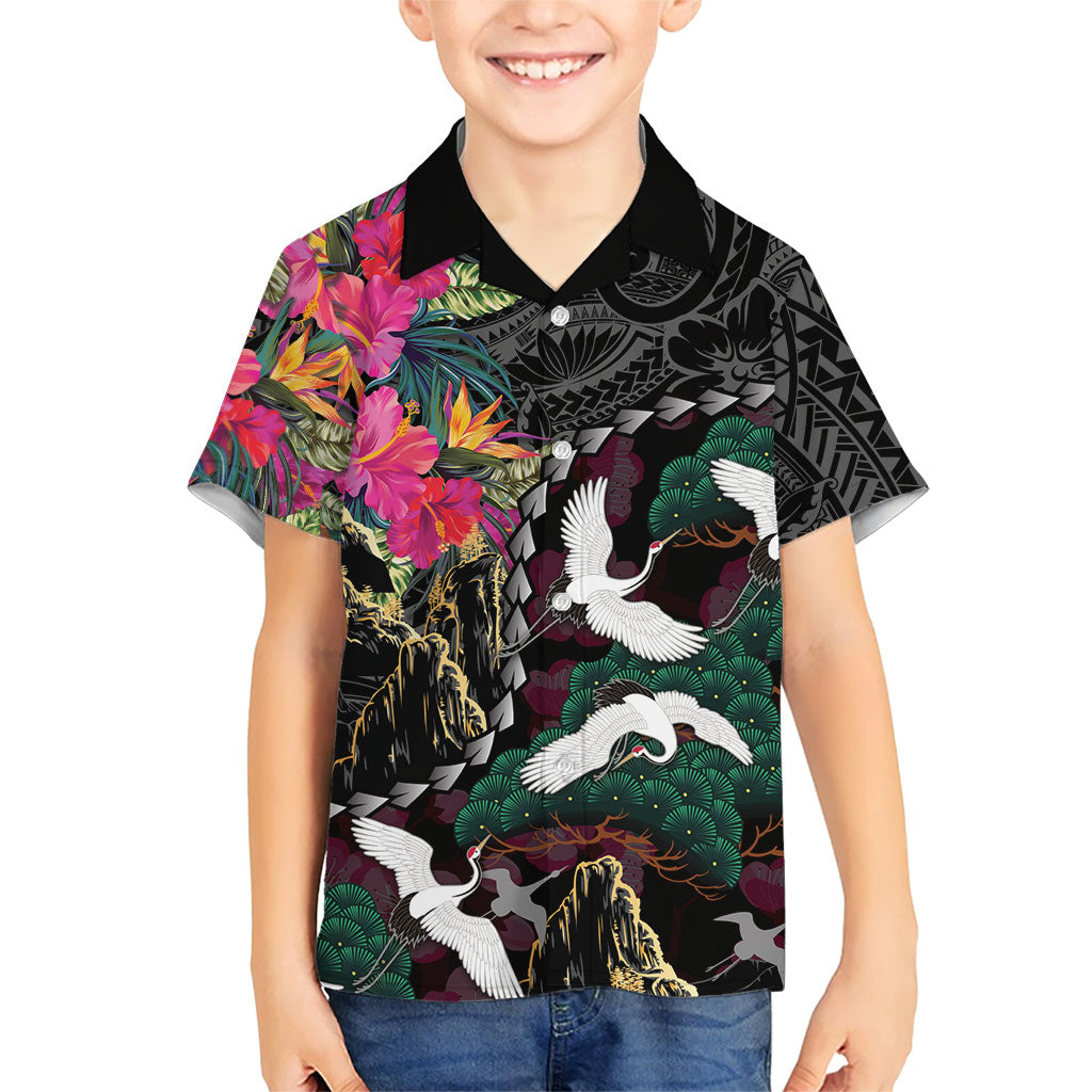 Hawaiian and Japanese Culture Family Matching Off The Shoulder Long Sleeve Dress and Hawaiian Shirt Crane Sakura Hibiscus Tropical Vibes LT14 Son's Shirt Black - Polynesian Pride