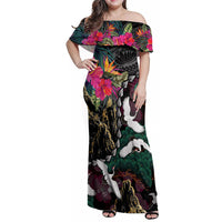 Hawaiian and Japanese Culture Family Matching Off Shoulder Maxi Dress and Hawaiian Shirt Crane Sakura Hibiscus Tropical Vibes LT14 Mom's Dress Black - Polynesian Pride