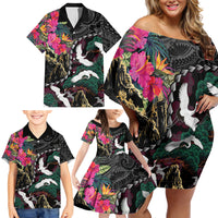 Hawaiian and Japanese Culture Family Matching Off Shoulder Short Dress and Hawaiian Shirt Crane Sakura Hibiscus Tropical Vibes LT14 - Polynesian Pride