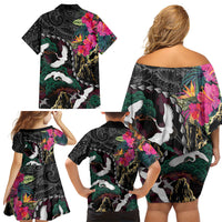 Hawaiian and Japanese Culture Family Matching Off Shoulder Short Dress and Hawaiian Shirt Crane Sakura Hibiscus Tropical Vibes LT14 - Polynesian Pride