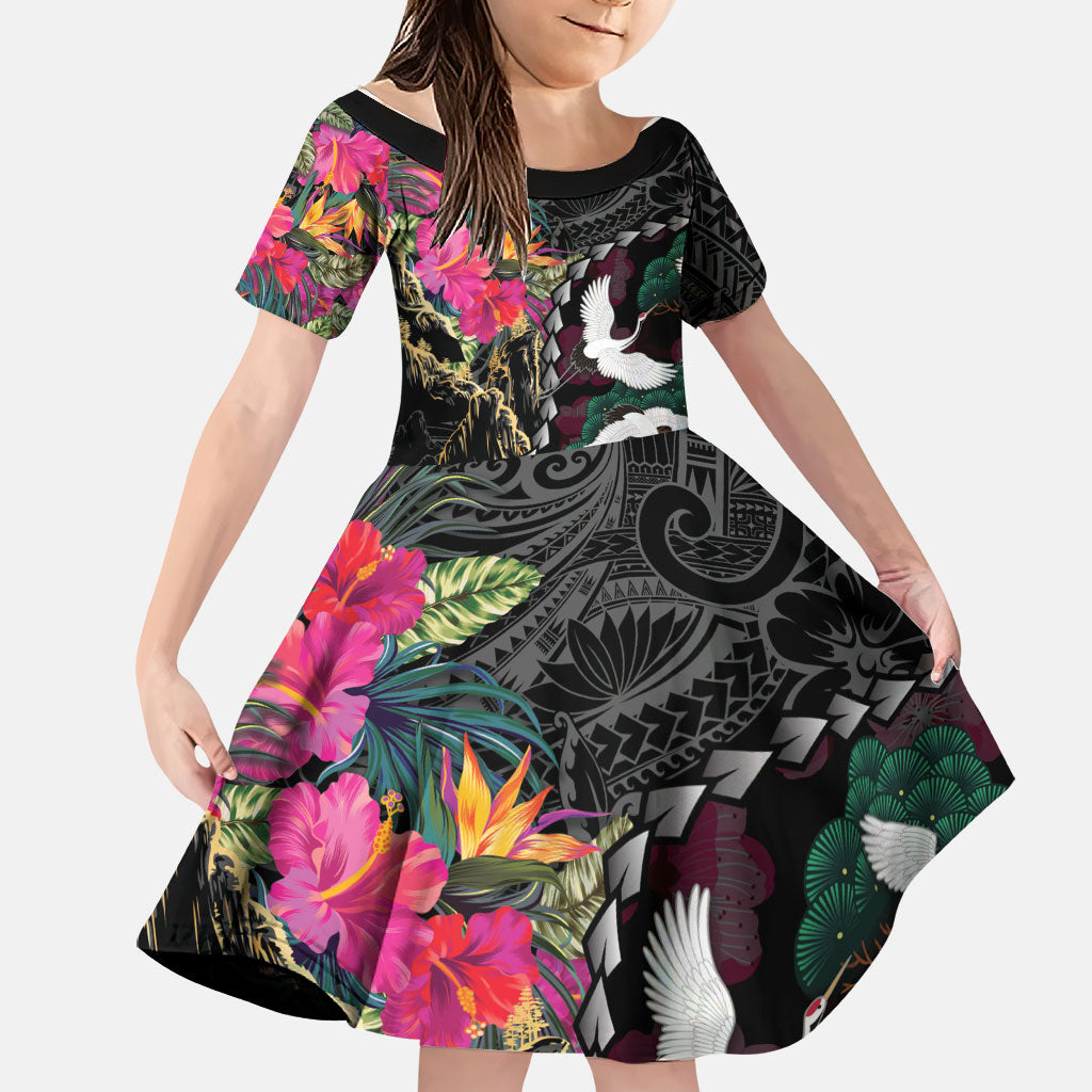 Hawaiian and Japanese Culture Family Matching Puletasi and Hawaiian Shirt Crane Sakura Hibiscus Tropical Vibes LT14 Daughter's Dress Black - Polynesian Pride