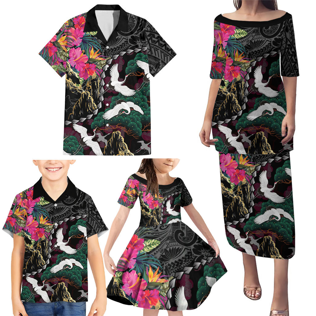 Hawaiian and Japanese Culture Family Matching Puletasi and Hawaiian Shirt Crane Sakura Hibiscus Tropical Vibes LT14 - Polynesian Pride